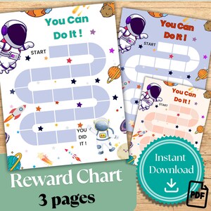 May include: Three reward charts with an outer space theme. Each chart features an astronaut, planets, stars, and rockets. The text "You Can Do It!" and "Reward Chart" are displayed. The charts are available as an instant download.
