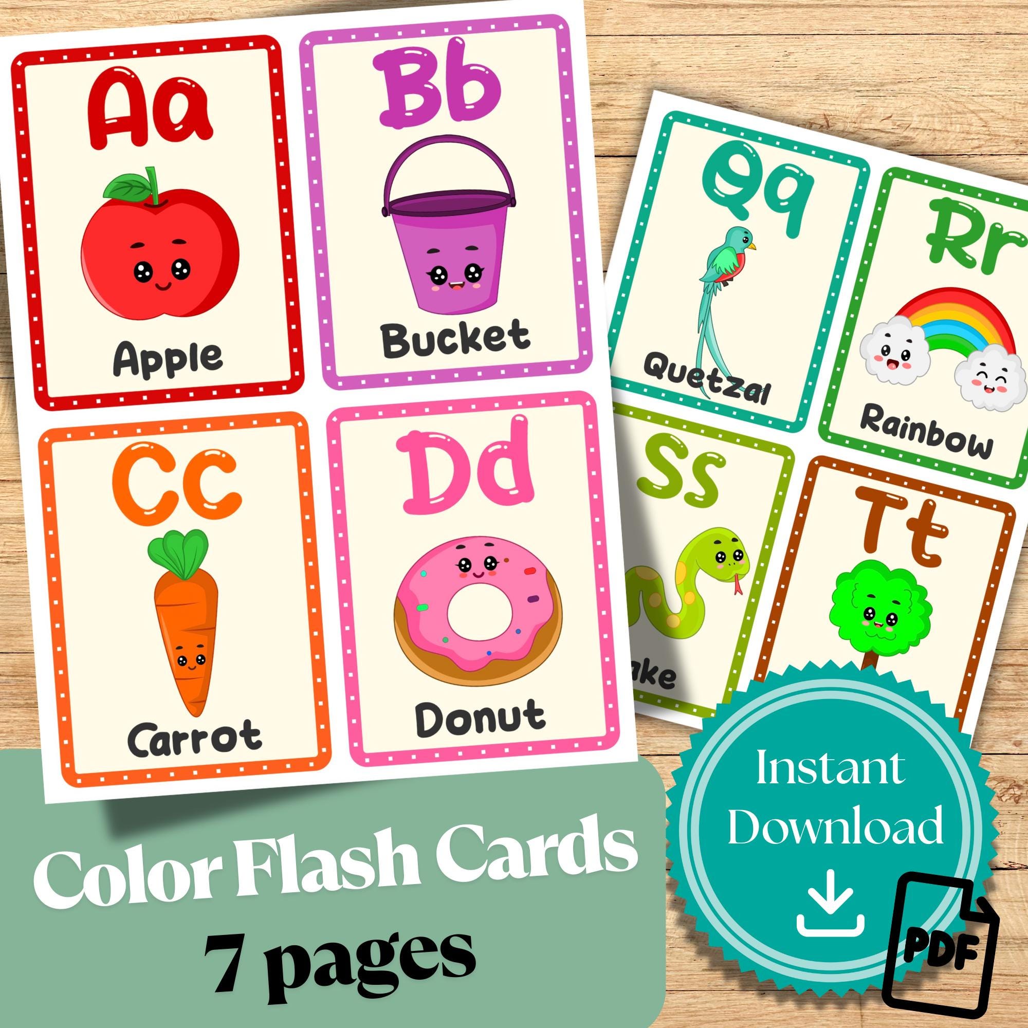 ABC Color Flashcards for Preschool | 7-Page Alphabet Printable Set | Digital Download Learning Cards | Early Childhood Educational PDF