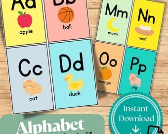 ABCアルファベットフラッシュカード：幼児向け学習、印刷可能なPDF（デジタルダウンロード）