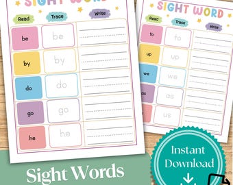 サイトワードワークシート PDF | 26ページ | 読み、なぞり、書き取り練習 | 幼稚園・保育園向け印刷可能 | カラフルなデジタルダウンロード