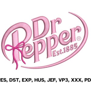 May include: Pink embroidered Dr Pepper logo with a bow and the text "Est.1885" on a white background. The logo is inside an oval shape. The image also includes file format abbreviations.