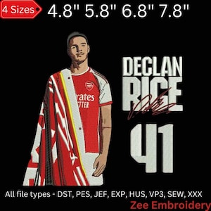 May include: Embroidered patch featuring a soccer player in a red and white jersey with the text "rates TTER" on the front. The player is holding a red, white, and yellow flag. The patch also includes the text "DECLAN RICE 41" with a signature underneath. The patch is available in four sizes: 4.8", 5.8", 6.8", and 7.8".