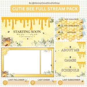 Puede incluir: Un paquete de superposiciones para streaming con temática de abejas, gotas de miel amarilla, patrones de panal y detalles florales blancos. El texto incluye CUTIE BEE FULL STREAM PACK, STARTING SOON, NEW FOLLOWER, NEW SUBSCRIBER, NEW RAID, ABOUT ME, GAMES, SCHEDULE, CHAT, LAST FOLLOWER, LAST CHEER y LAST SUBSCRIBER.