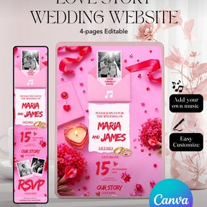 May include: A pink wedding website design with the text "Love Story Wedding Website" and "Maria and James." The design includes a tablet and phone mockup, with details like the date, RSVP, and "Our Story" sections. Decorative elements include flowers and ribbons.