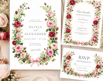 Conjunto de invitaciones de boda románticas en rosa Conjunto de invitaciones de boda florales en rosa Conjunto de invitaciones de flores silvestres Invitación de boda floral Conjunto de invitación de boda en el jardín