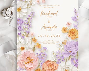 Bruiloftsuitnodiging met wilde bloemen, boho bloemensjabloon (digitale download)