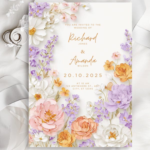 Wildblumen Hochzeitseinladung, Boho Floral Vorlage (Digitaler Download)