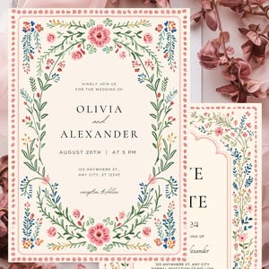 Vintage folk art floral wedding invitation template with blush dotted border and botanical frame, editable Canva printable wedding invite set.