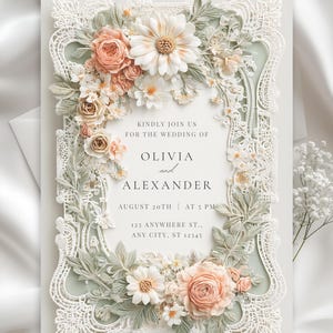 Può includere: Elegante invito di nozze con un design floreale. L'invito presenta un delicato bordo in pizzo ed è adornato da fiori e verde pesca e bianchi. Il testo recita: "Kindly join us for the wedding of Olivia and Alexander, August 20th at 5 PM."