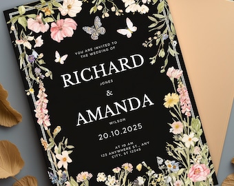 Invitación de boda con diseño floral negro, estilo bohemio, imprimible (CANVA)