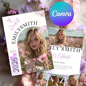 Modern Floral Graduation Invitation Template, Editable Photo Grad Invite, Class of 2026 Announcement, Pastel Purple Senior Invite, Canva