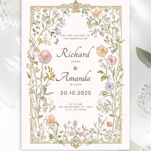 Elegante Blumenhochzeits-Einladungs-Reihe Hochzeitseinladung boho Blumenhochzeits-Einladungsschablone CANVA Wildblumen-Einladung, NELLY