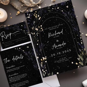 Hemelse bloemen bruiloft uitnodigingen bundel sterrennacht bloemen bruiloft uitnodigingskaart sterrenbeeld thema bruiloft uitnodiging sjabloon CANVA