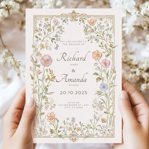 May include: A wedding invitation with floral illustrations and the names "Richard & Amanda" in elegant script. The invitation includes the date "20.10.2025" and event details, framed by a decorative border. Soft pastel colors are used throughout.