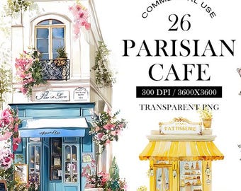 Paris Cafe aquarel clipartset, Parijse restaurant png (digitale download)