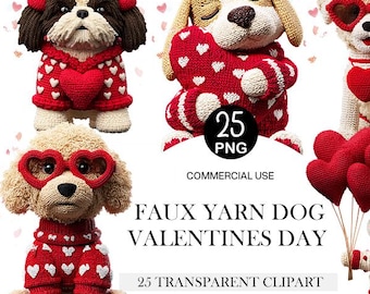 Paquete PNG de San Valentín con perro de hilo sintético, clipart estilo crochet (uso comercial)