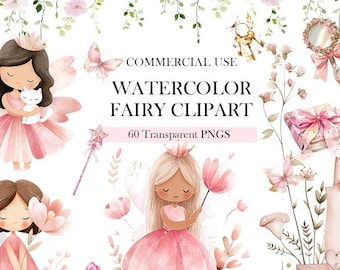 Clipart de Hadas en Acuarela: Hadas Rosas con Elementos Florales (PNG, 60 archivos)