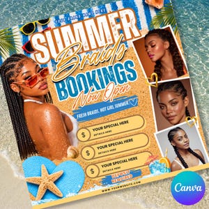 Tropical summer braids booking flyer featuring a beach background, palm leaves, seashells, sunglasses, braid hairstyle photos, bold summer bookings text, pricing sections, flip-flops with a starfish, and bright blue and orange summer colors.