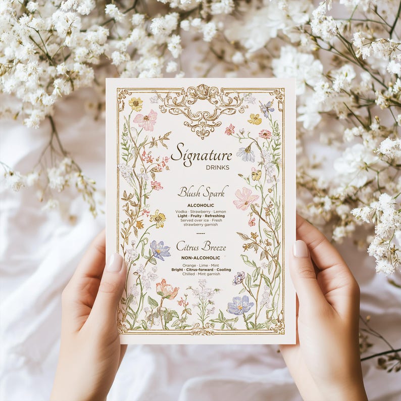 May include: A floral-themed menu card with the words "Signature Drinks" at the top. The card lists two drink options: "Blush Spark" and "Citrus Breeze." The card is held by hands and surrounded by white flowers.