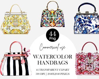 Watercolor Handbag Clipart, Fashion Purse PNG, Commercial Use (Digital Download)