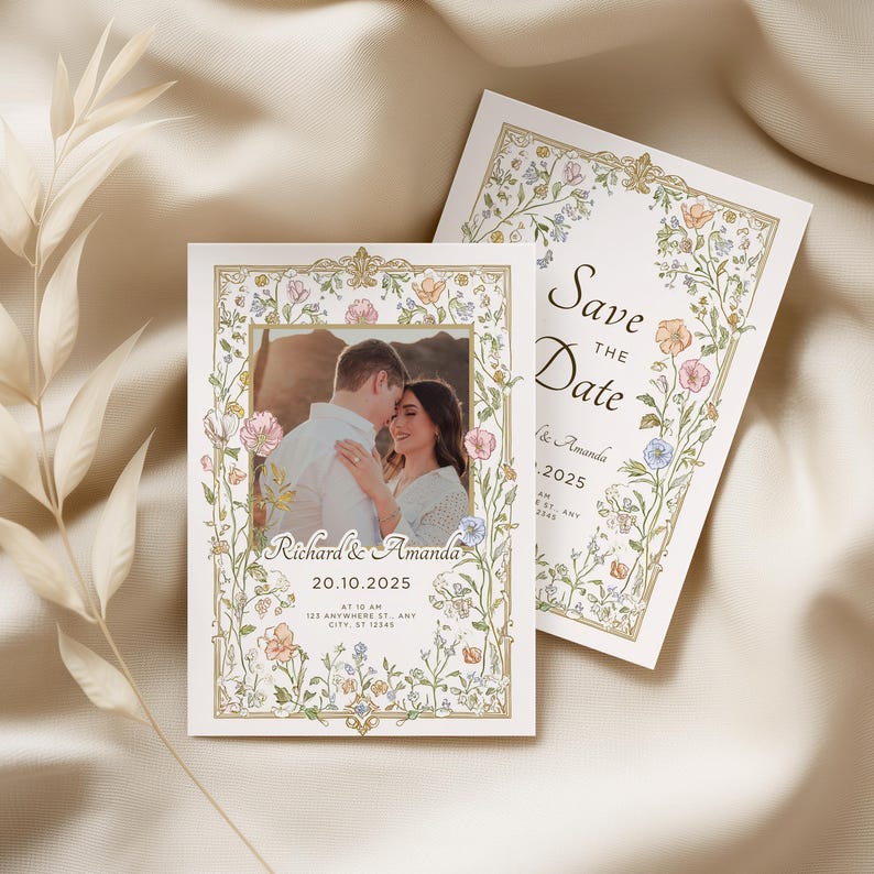 May include: Wedding invitation and save-the-date card set. The invitation features a photo of a couple, surrounded by a floral border. The save-the-date card has the text "Save the Date" and floral accents. The date is October 20, 2025.