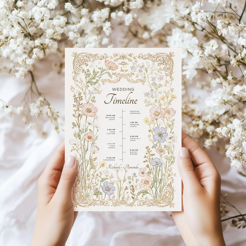 Elegant floral wedding invitation suite featuring pastel wildflowers and gold frame accents. Includes RSVP card, details card, welcome sign, thank you card, menu card, table number and main invitation with botanical illustrations on a soft ivory background. Romantic and vintage-inspired design, perfect for spring or boho weddings.