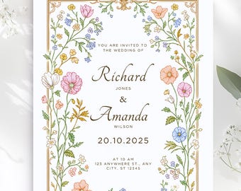 Elegante suite di inviti di nozze floreali stampabili, modello di invito di nozze floreale boho CANVA Wildflower Invitation, NELLY