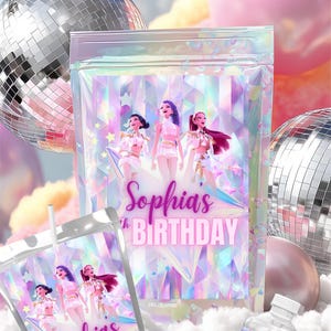 K-Pop Anime Style Party Bundle Juice Pouch Covers Water Bottle Labels Chip Bag Covers Printable Party Favors K-Pop Demon Hunters Party Canva