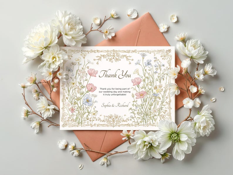 Elegant floral wedding invitation suite featuring pastel wildflowers and gold frame accents. Includes RSVP card, details card, welcome sign, thank you card, menu card, table number and main invitation with botanical illustrations on a soft ivory background. Romantic and vintage-inspired design, perfect for spring or boho weddings.