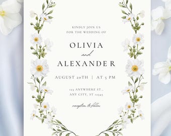 Plantilla de invitación de boda con flores blancas, diseño bohemio de flores silvestres (descarga digital)