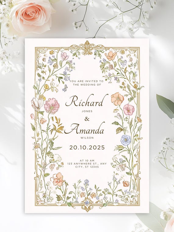 Elegant Floral Wedding Invitation Suite printable wedding invite boho Floral wedding invitation template CANVA Wildflower Invitation, NELLY