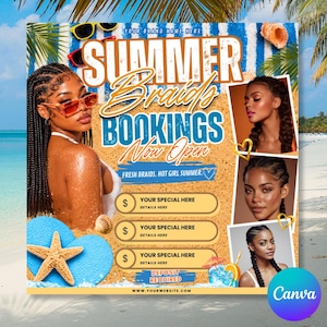 Tropical summer braids booking flyer featuring a beach background, palm leaves, seashells, sunglasses, braid hairstyle photos, bold summer bookings text, pricing sections, flip-flops with a starfish, and bright blue and orange summer colors.