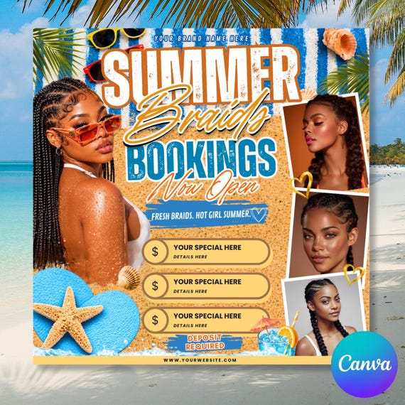 Summer Booking Flyer, DIY Braids Booking Flyer, Braids Summer Sale Flyer, Summer Deals Flyer, Editable Canva Template, Instant Download