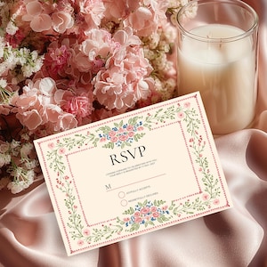 Vintage folk art floral wedding invitation template with blush dotted border and botanical frame, editable Canva printable wedding invite set.
