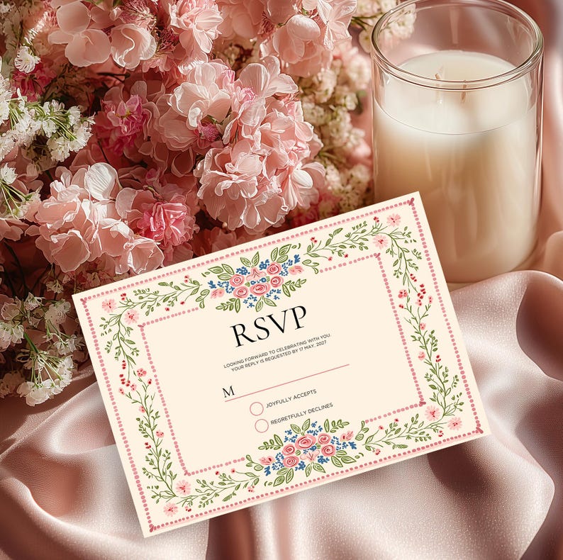 Vintage folk art floral wedding invitation template with blush dotted border and botanical frame, editable Canva printable wedding invite set.
