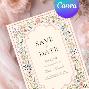 Vintage folk art floral wedding invitation template with blush dotted border and botanical frame, editable Canva printable wedding invite set.