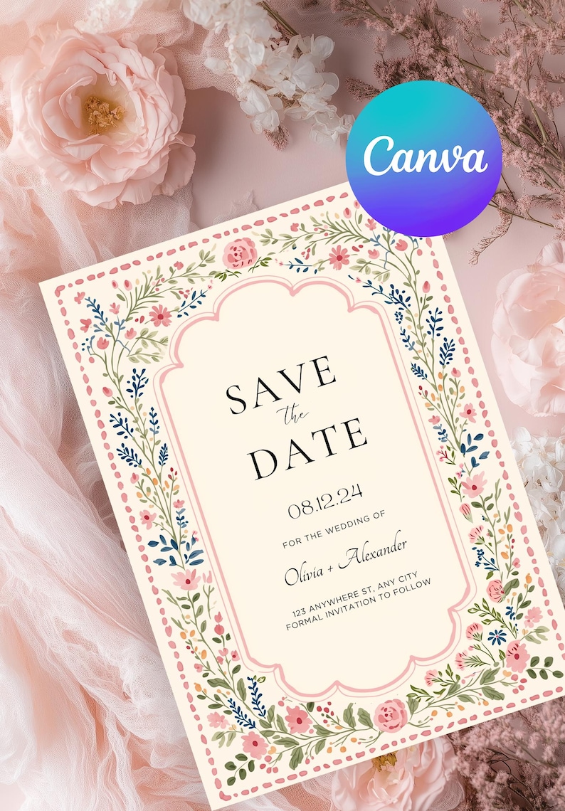 Vintage folk art floral wedding invitation template with blush dotted border and botanical frame, editable Canva printable wedding invite set.