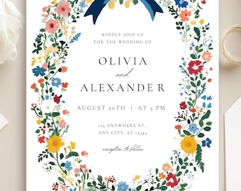 Invitación de boda con jardín floral y lazo azul (imprimible)