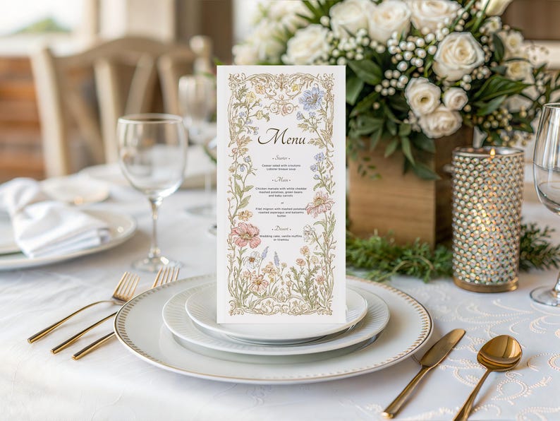 Elegant floral wedding invitation suite featuring pastel wildflowers and gold frame accents. Includes RSVP card, details card, welcome sign, thank you card, menu card, table number and main invitation with botanical illustrations on a soft ivory background. Romantic and vintage-inspired design, perfect for spring or boho weddings.