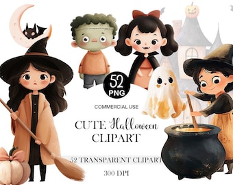 Paquete de imágenes prediseñadas de Halloween: 52 imágenes PNG en acuarela (descarga instantánea)