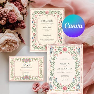 Vintage folk art floral wedding invitation template with blush dotted border and botanical frame, editable Canva printable wedding invite set.