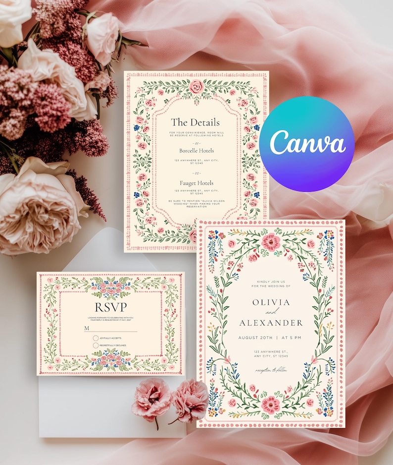Vintage folk art floral wedding invitation template with blush dotted border and botanical frame, editable Canva printable wedding invite set.