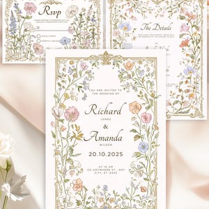 Elegant floral wedding invitation suite featuring pastel wildflowers and gold frame accents. Includes RSVP card, details card, and main invitation with botanical illustrations on a soft ivory background. Romantic and vintage-inspired design, perfect for spring or boho weddings.