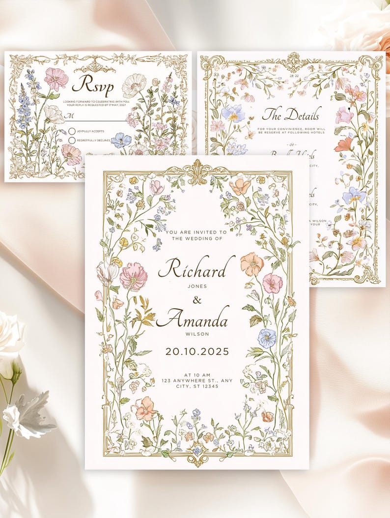 Elegant floral wedding invitation suite featuring pastel wildflowers and gold frame accents. Includes RSVP card, details card, and main invitation with botanical illustrations on a soft ivory background. Romantic and vintage-inspired design, perfect for spring or boho weddings.