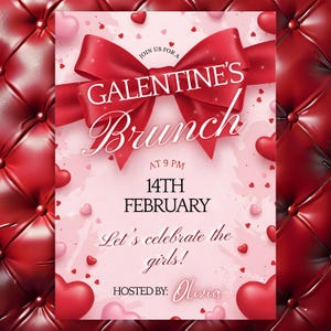 Galentine's Brunch Invitation, Red Bow, Hearts (Digital Download)