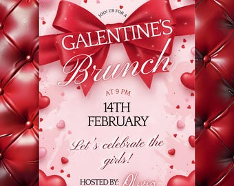 Invitación para brunch de amigas, lazo rojo, corazones (descarga digital)