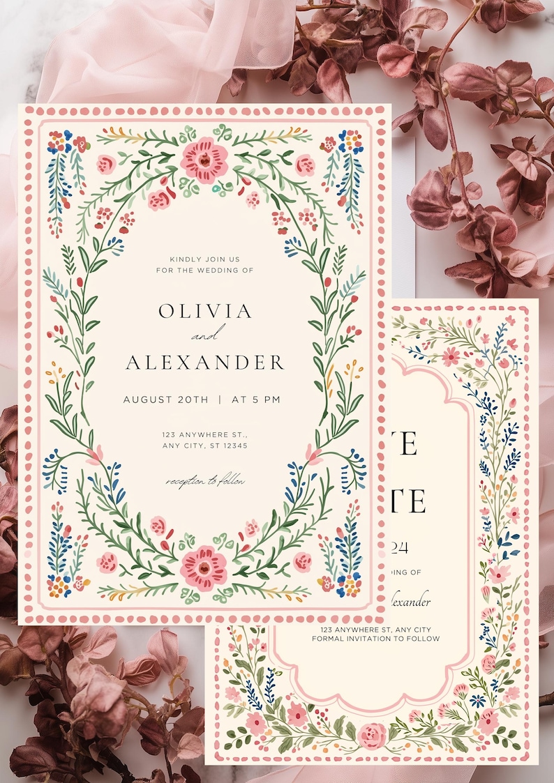 Vintage folk art floral wedding invitation template with blush dotted border and botanical frame, editable Canva printable wedding invite set.