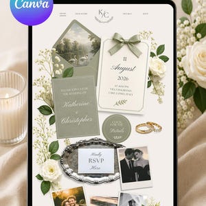 Elegant sage green wedding website template with floral editorial design and romantic Lake Como aesthetic