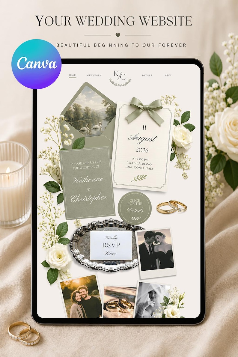Elegant sage green wedding website template with floral editorial design and romantic Lake Como aesthetic