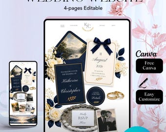 Plantilla de sitio web de boda de lujo azul marino editable en Canva. Invitación de boda digital elegante. Página de inicio de boda gratuita en Canva.